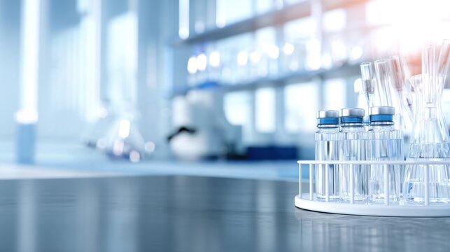 A close-up view of laboratory glassware on a sleek surface with blurred scientific instruments behind