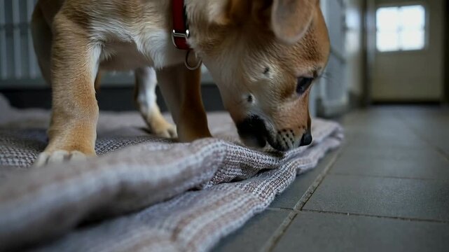 Noticing folded mat, brown puppy with red collar sniffing, nibbling seam on tiled floor for comfort