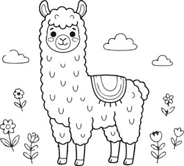 Fototapeta premium A detailed line drawing depicts a llama with floral elements and fluffy clouds