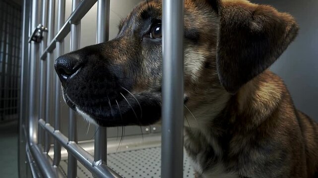 Sniffing brindle puppy responding to camera, pressing muzzle against vertical bars in steel kennel