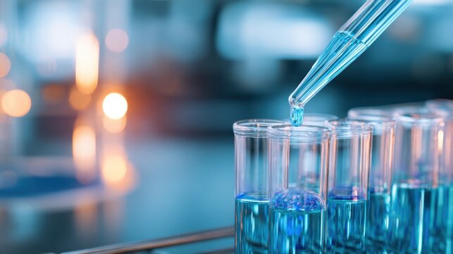 A laboratory setting featuring a pipette dispensing blue liquid into test tubes with a blurred background