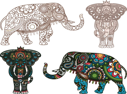  Ornate Elephant Vector Set with Detailed Mandala Patterns and Colorful Ethnic Designs for Adult Coloring Pages Zentangle Art and Boho Print Merchandise