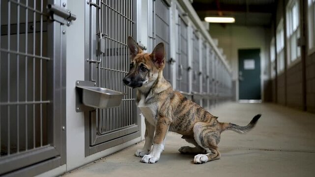 Spotting metal bowl brindle puppy lifting paw at kennel door settling into sit in shelter corridor