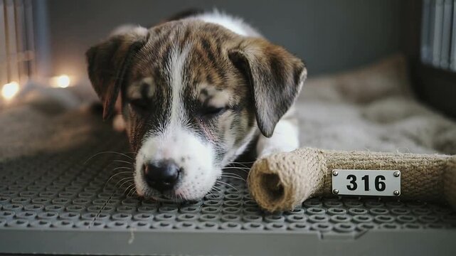 Noticing viewer, raising head, brindle puppy locking eyes on kennel shelf, rope toy tagged 316