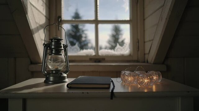 Shot panning camera revealing six-pane window in attic, lighting fairy lights and warming table