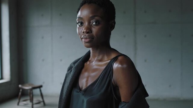 Rolling camera, model in dark slip dress posing, adjusting coat on left shoulder for portrait shoot