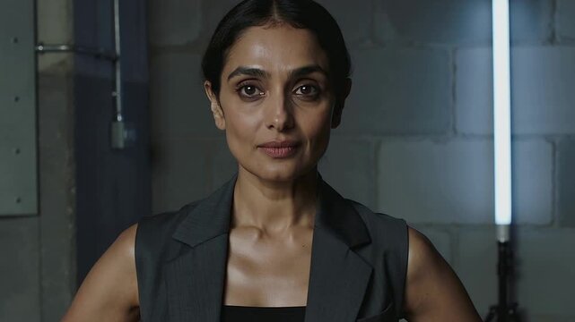 Turning woman wearing sleeveless gray vest responding to camera movement in studio with LED tube
