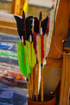 Archery arrows in a quiver for hunting, hobby, and target shooting