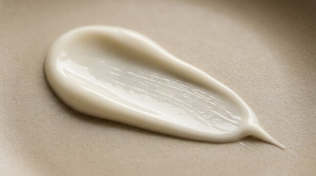 A smooth smear of white cosmetic cream or lotion on a textured light beige surface