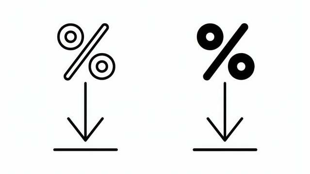 Percentage sign with downward arrow icon isolated on white background. Financial concept for price reduction or interest rate decrease.