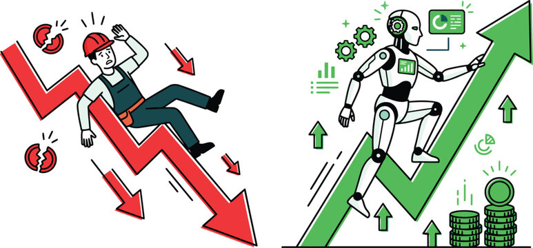 Robots growth surpasses human progress, illustrated with a worker falling and a robot ascending