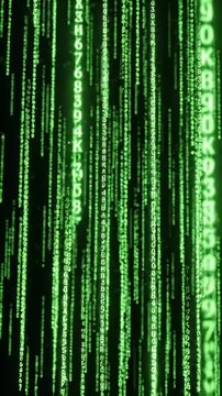 Digital Data Stream Matrix Effect Background - This is a vertical video background featuring a digital data stream effect with falling green characters and numbers against a dark background,