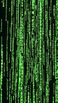 Green Digital Matrix Data Stream Background - A dark background with falling green digital characters resembling a data stream or matrix code.