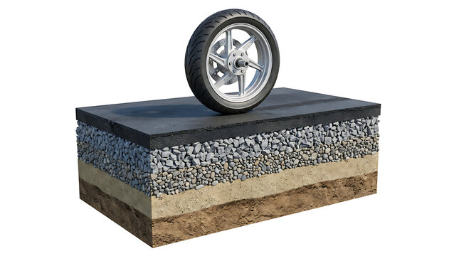 Motorcycle Wheel Resting on a Cross Sectional View of Multi Layered Asphalt Road Construction