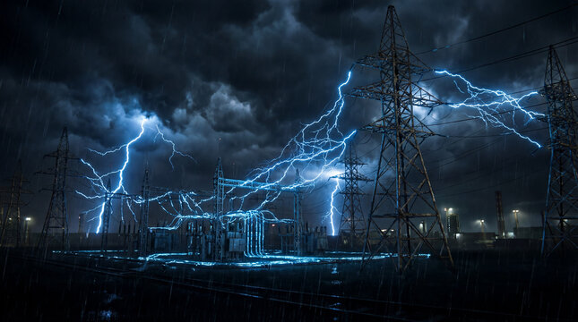 Lightning Striking High Voltage Power Grid and Electric Pylons During Severe Storm Power Outage Concept
