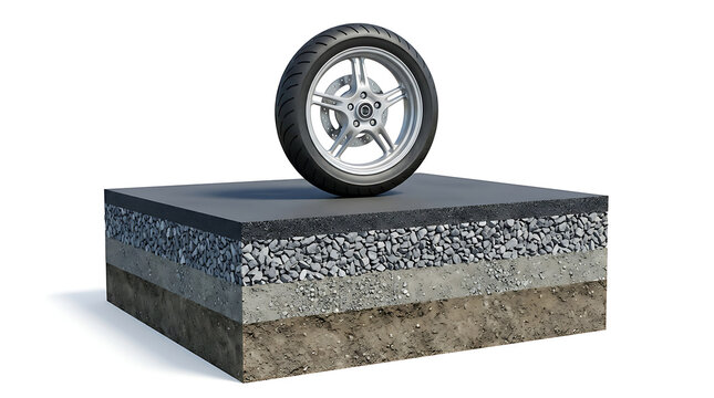 Cross section of asphalt road structure layers with a car wheel on top over white