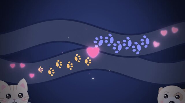 Paw prints and glowing hearts on dark blue waves with peeking pets