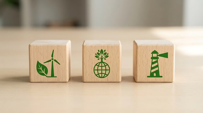Wooden cubes with green energy icons
