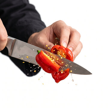 Chef cutting a spicy red chili pepper with a large silver knife on a transparent background.
