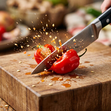 Kitchen knife cutting red chili pepper on a wooden cutting board with seeds flying in motion.