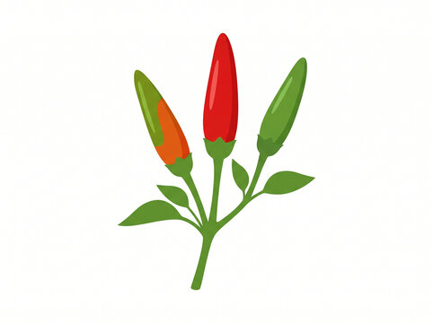 Chili peppers growing on a single green stem with unripe and ripe pods against a transparent background.