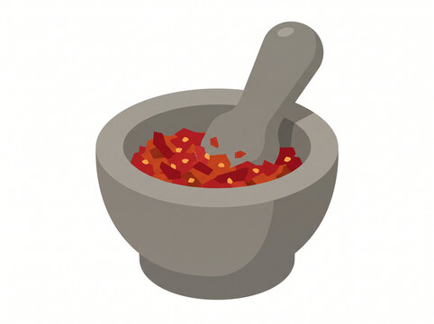 Mortar and pestle filled with crushed red chili peppers and seeds displayed in a simple vector illustration.