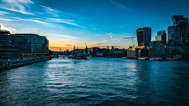 London Skyline With Modern Financial District and River Thames at Sunset Featuring Walkie Talkie