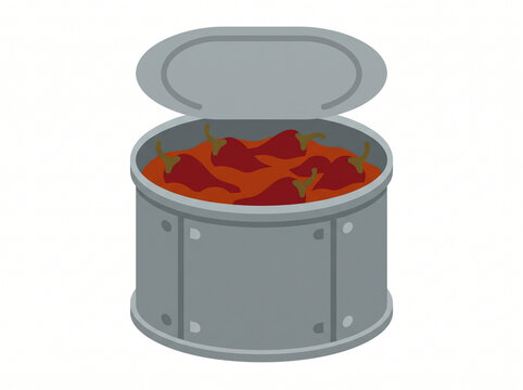 Tin can filled with spicy red chili peppers immersed in sauce.
