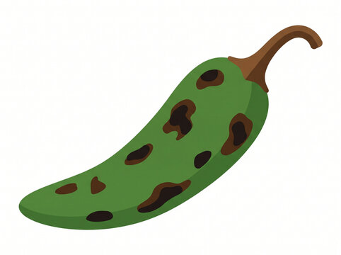 Green chili pepper covered with dark spots and blemishes lies diagonally.