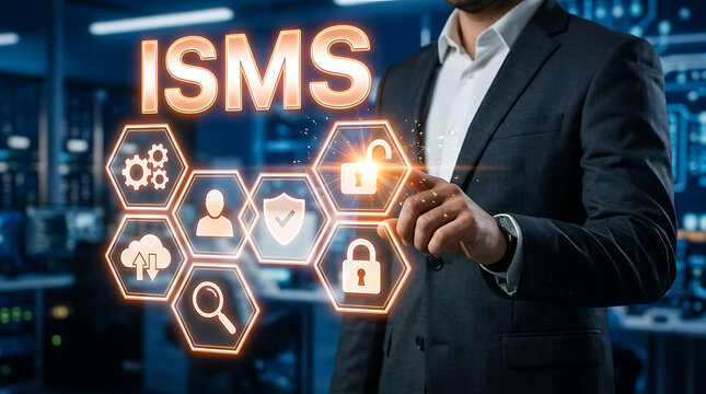 ISMS Information Security Management System Concept with Security Icons and Business Man