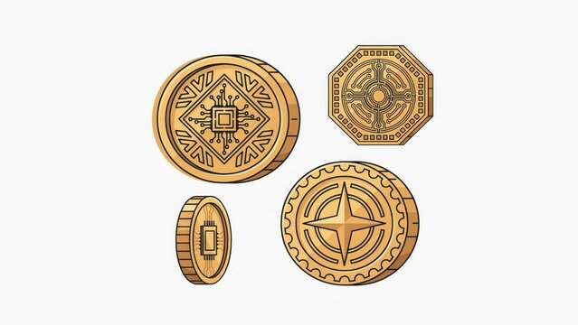 Digital gold coins with circuit patterns isolated on white background. Financial technology and decentralized currency concept for crypto marketing.