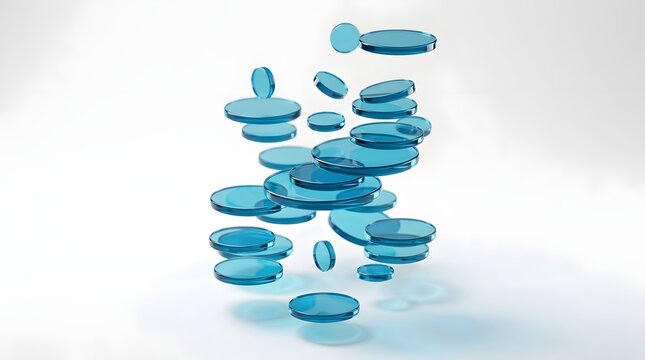Abstract composition of floating translucent blue glass discs isolated on white background