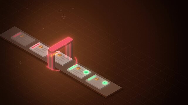 Orange isometric ticket queue passing a green gate seamless loop