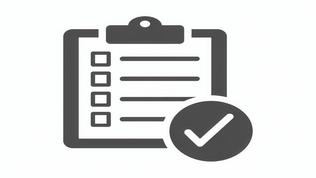 A grey checklist icon with a checkmark symbol isolated on white background. Perfect for task management, productivity, or business success themes.