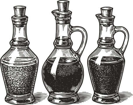 vintage oil and vinegar cruets hand drawn glass condiment bottles set illustration