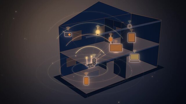 Orange smart home devices glowing in a cutaway house seamless loop