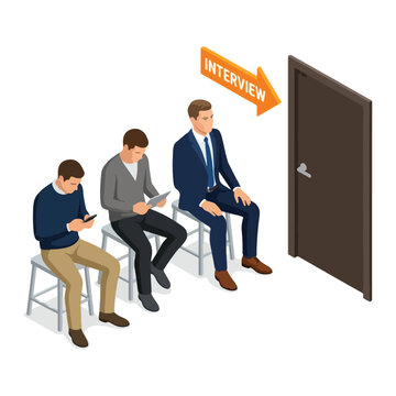 Isometric businessmen in queue waiting for job interview near office door