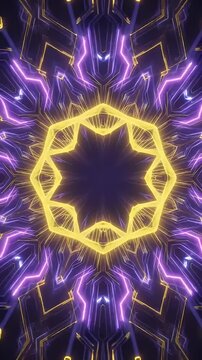 Kaleidoscopic Neon Geometric Energy Flow - A mesmerizing abstract background featuring a symmetrical kaleidoscope pattern of glowing purple and yellow geometric lines.