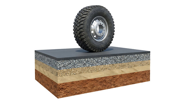 Detailed 3D Rendering of Heavy Duty Truck Wheel Resting on Multi Layered Road Pavement