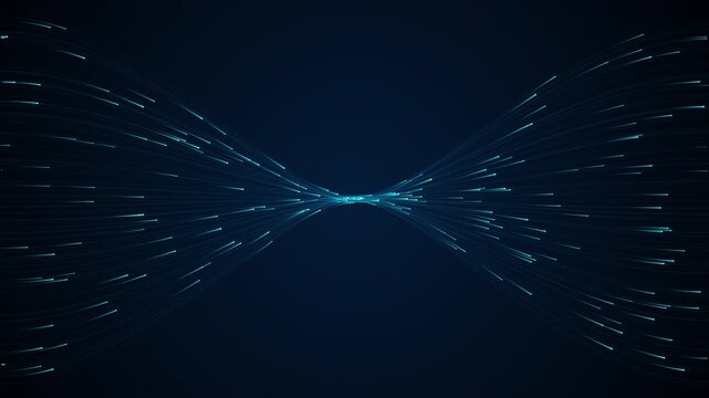 Seamless 4K loop of intense, glowing fiber optic data streams sweeping from the edges and converging into a highly concentrated central bottleneck. Dramatic deep learning and network routing visualiza