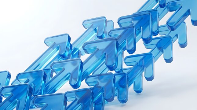 Group of translucent blue glass arrows pointing upwards on a white background