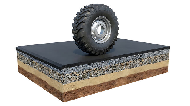 Cross section of asphalt road layers and foundation with heavy vehicle tire