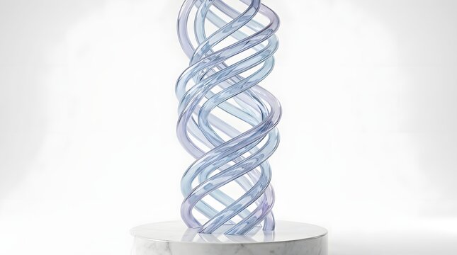 Abstract sculpture of intertwined blue and purple glass spiral tubes standing on a white marble base, isolated on white background