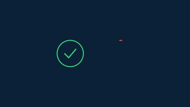 Seamless loop of minimalist vector line art style green checkmark and red cross symbols dynamically drawing and erasing themselves on a dark blue background.