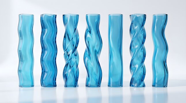 A collection of seven unique blue glass vases with various twisted and wavy geometric patterns, arranged in a row against a clean, bright studio backdrop