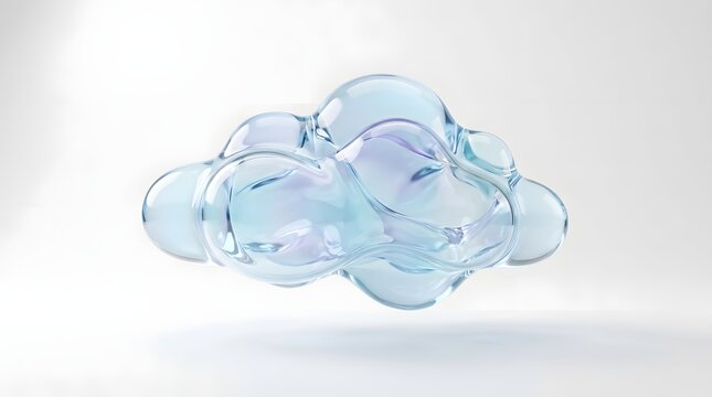 A whimsical, cloudshaped sculpture made of translucent, iridescent blue and purple glass, floating against a soft, bright white background