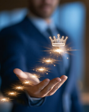 Crown of Success: A businessman's outstretched hand holds a glowing, ascending staircase of stars leading to a luminous crown, symbolizing ambition, leadership, and the pursuit of excellence.