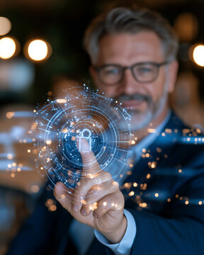 Cyber Security Guardian: A distinguished businessman, with thoughtful gaze and silver beard, touches a glowing digital padlock icon, symbolizing data protection and online safety.