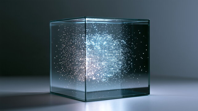 Light particles in a glass cube create a display of dots