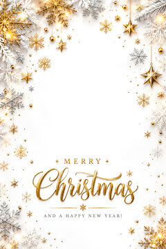 Merry Christmas and happy new year greeting card with golden typography and festive snowflakes